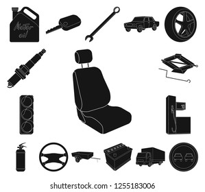 Car, vehicle black icons in set collection for design. Car and equipment vector symbol stock web illustration.