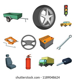 Car, vehicle cartoon icons in set collection for design. Car and equipment vector symbol stock web illustration.