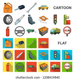 Car, vehicle cartoon icons in set collection for design. Car and equipment vector symbol stock web illustration.