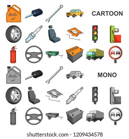 Car, vehicle cartoon icons in set collection for design. Car and equipment vector symbol stock web illustration.