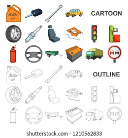 Car, vehicle cartoon icons in set collection for design. Car and equipment vector symbol stock web illustration.