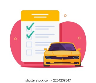 Inspección de la lista de control de vehículos de automóvil vector de inspección o lista de verificación mantenimiento técnico de autoservicio ilustración gráfica plana, revisión de seguridad de los seguros de automóviles, examen de verificación de compra de automóviles