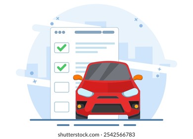 Conceito de inspeção de lista de verificação de veículo de carro ou ilustração gráfica plana do serviço técnico de manutenção de carro, revisão de inspeção de segurança de carro, inspeção de verificação automotiva de compra. ilustração vetorial.