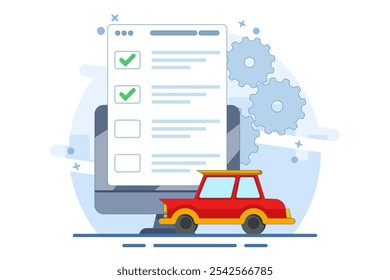 Concepto de inspección de la lista de verificación del vehículo de automóvil o ilustración gráfica plana del servicio técnico de mantenimiento del automóvil, revisión de inspección de seguridad del automóvil, comprar inspección de verificación automotriz. Ilustración vectorial.