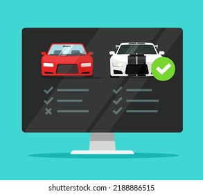 Car vehicle compare shop review vector or automobile comparison check list for rent or buy purchase service on online internet store, digital pc auction and auto history details information report