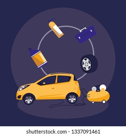 car vehicle with compressor in mechanical workshop