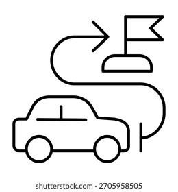 Icono de línea delgada de la bandera del vehículo y del destino del coche, concepto de la escuela de conducción. Gráficos de Vector. Ruta con el puntero de la ubicación y la muestra del coche en el fondo blanco, icono del estilo del contorno del móvil o del Diseño web