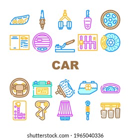 Car Vehicle Details Collection Icons Set Vector. Car Headlight And Airbag, Manual And Automatic Transmission, Filter And Exhaust, Wheel And Battery Concept Linear Pictograms. Contour Illustrations