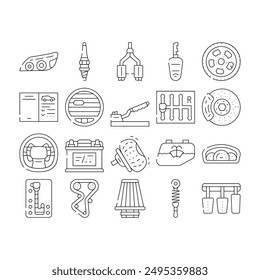 Car Vehicle Details Collection Icons Set Vector. Car Headlight And Airbag, Manual And Automatic Transmission, Filter And Exhaust, Wheel And Battery Black Contour Illustrations