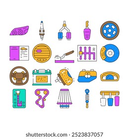 Ícones de coleção de detalhes do veículo de carro definir vetor. Farol De Carro E Almofada De Ar, Transmissão Manual E Automática, Filtro E Exaustão, Rodas E Bateria Ilustrações De Contorno De Cor