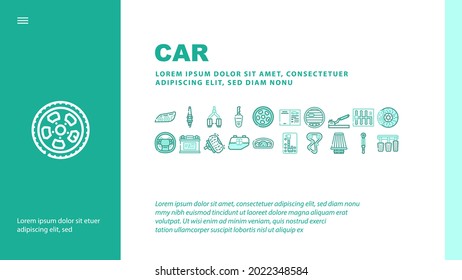 Car Vehicle Details Landing Web Page Header Banner Template Vector. Car Headlight And Airbag, Manual And Automatic Transmission, Filter And Exhaust, Wheel And Battery Illustration