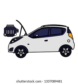 car vehicle with engine out in mechanical workshop