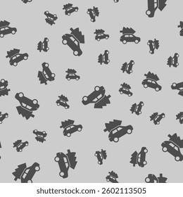 Car vehicle and fir tree solid seamless pattern, merry christmas theme. Vector graphics. Automobile, christmas tree transportation sign background, filled with glyphs icon