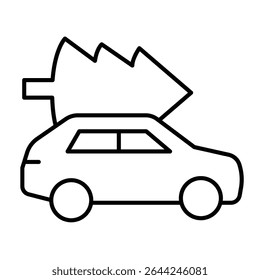 Car vehicle and fir tree thin line icon, merry christmas concept. Vector graphics. Automobile, christmas tree transportation sign on white background, style mobile or design