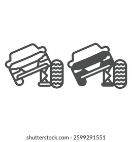 Car vehicle with foldable jack and wheel line and solid icon, tires fitting concept. Vector graphics. Spare tire mounting sign on white background, outline style icon for mobile or web design