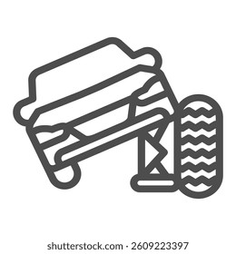 Car vehicle with foldable jack and wheel line icon, tires fitting concept. Vector graphics. Spare tire mounting sign on white background, outline style icon for mobile or web design
