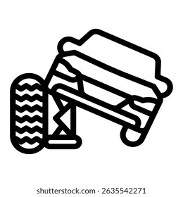 Car vehicle with foldable jack and wheel line icon, tires fitting concept. Vector graphics. Spare tire mounting sign on white background, style mobile or design