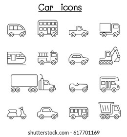 Car & Vehicle icon set in thin line style