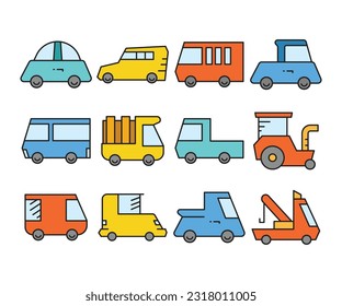car and vehicle icons set vector