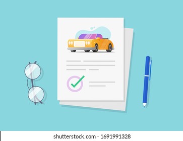 Car or vehicle insurance policy document with approved checklist and ticks or automobile loan finance paper sheet agreement check list verified vector flat cartoon illustration,  auto contract concept