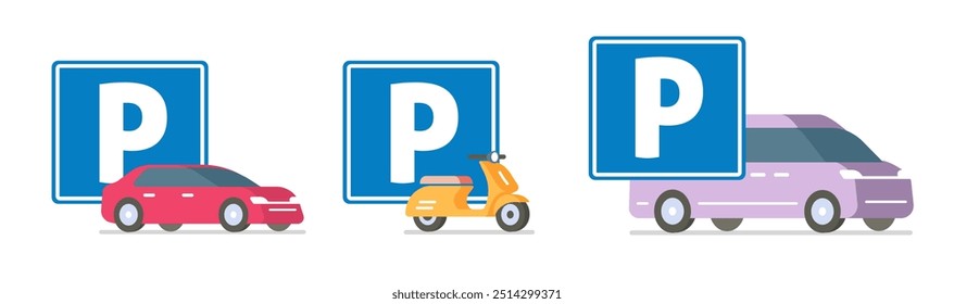 Car vehicle, motor scooter, van bus parking lot sign vector icon graphic flat cartoon illustration, motorcycle, automobile and commercial minivan transport area zone place image clip art