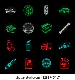 Car, vehicle neon icons in set collection for design. Car and equipment vector symbol stock web illustration.