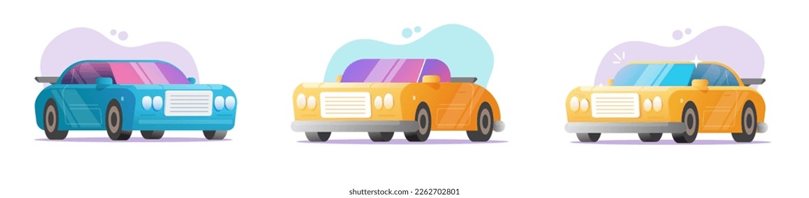 Car vehicle old retro vintage flat vector icon blue yellow color graphics illustrated, auto automobile cartoon convertible coupe sport luxury race cute clipart isolated modern design image 