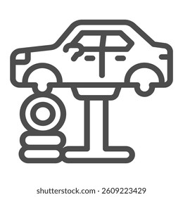 Car vehicle on lift with tires line icon, car service concept. Vector graphics. Lift with automobile, chassis repair sign on white background, outline style icon for mobile or web design