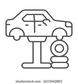 Car vehicle on lift with tires thin line icon, car service concept. Vector graphics. Lift with automobile, chassis repair sign on white background, outline style icon for mobile or web design