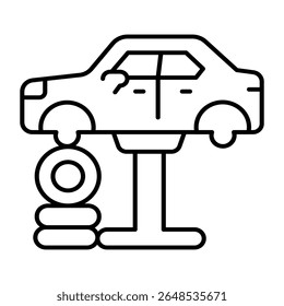 Car vehicle on lift with tires thin line icon, car service concept. Vector graphics. Lift with automobile, chassis repair sign on white background, style mobile or design