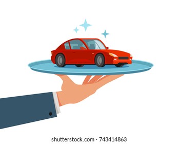 Car, vehicle on tray. Dealership, dealer, transport concept. Cartoon vector illustration