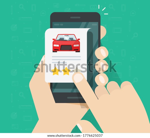 Car vehicle review rating online on mobile phone\
or automobile testimonial feedback, website shop on smartphone\
with customer reputation internet vector, cellphone auto rental\
shop rank access modern