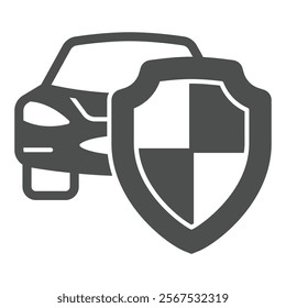 Car vehicle with safety emblem solid icon, car service concept. Vector graphics. Automobile with protection shield sign on white background, glyph style icon for mobile or web design