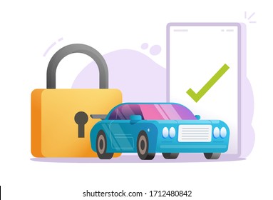 Car or vehicle secure protection alarm signal system on mobile phone with padlock or automobile smartphone security anti theft technology vector flat cartoon, concept of auto protective safety design