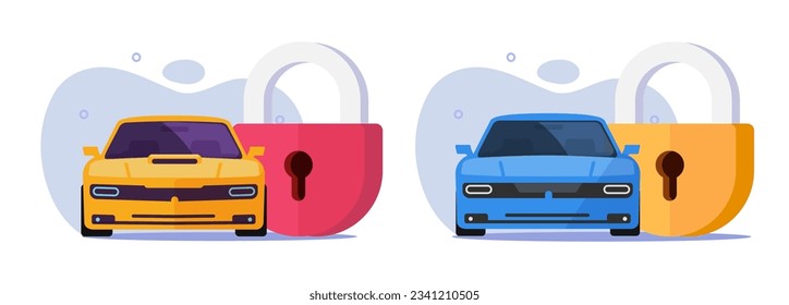 Sistema de protección antirrobo de alarma de bloqueo de seguridad del vehículo del automóvil icono ilustración gráfica vectorial, tecnología de candado de acceso seguro automático clipart de imagen, inmovilizador del automóvil dibujos animados planos diseño moderno