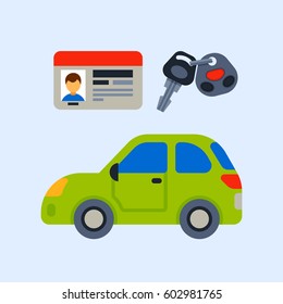 Car vehicle transport driver license identification race model sign technology style and generic automobile contemporary kid toy flat vector illustration.