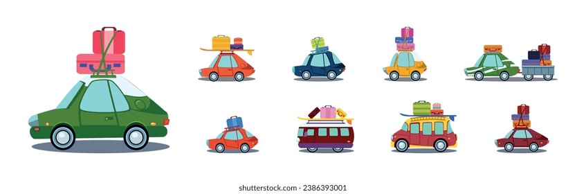 Car and Vehicle Travel with Load of Trunk and Suitcase on Top Vector Set