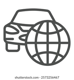 Car vehicle with world globe line icon, car service concept. Vector graphics. Automobile with planet, distribution sign on white background, outline style icon for mobile or web design