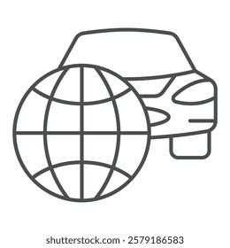 Car vehicle with world globe thin line icon, car service concept. Vector graphics. Automobile with planet, distribution sign on white background, outline style icon for mobile or web design
