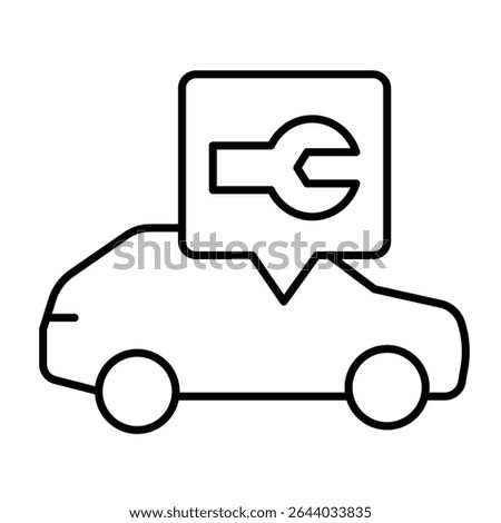 Car vehicle with wrench popup window thin line icon, repair service concept. Vector graphics. Automobile mechanic message sign on white background, style mobile or design