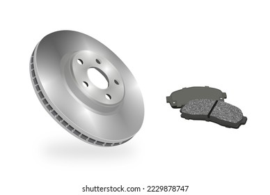 Car ventilated disc brake and brake pads, 3d vector rendering