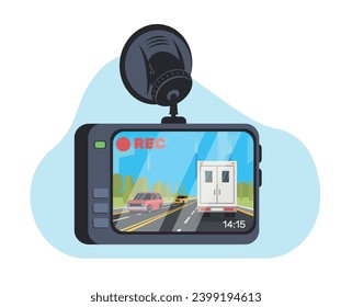 Grabador de eventos de video de auto. Dispositivo electrónico para automóvil. Seguridad de viajes, vigilancia de accidentes. Sistema de memoria de cámara para auto. Concepto de equipo de transporte de vectores aislado plano de dibujos animados