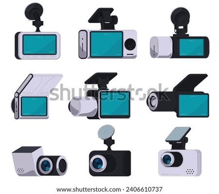 Car video recorders. Cameras for mounting on the windshield of a car. Trip and accident record. Road surveillance technologies. Vector illustration