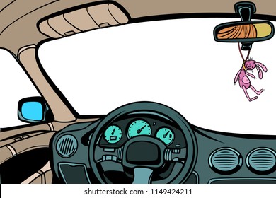 car, view from inside the cabin. Isolate on a white background. Comic cartoon pop art retro vector illustration drawing