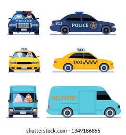 Car view. Truck delivery police automobile and taxi auto viewing side front isoleted urban drivers set