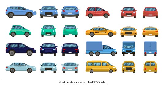 Car views. Front and profile side car view, urban traffic transport of different views. Auto transport vector isolated set. Motor vehicles top, back and front. pickup, suv and hatchback, taxi sedan