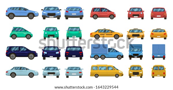 Car views. Front and profile side car view, urban\
traffic transport of different views. Auto transport vector\
isolated set. Motor vehicles top, back and front. pickup, suv and\
hatchback, taxi sedan