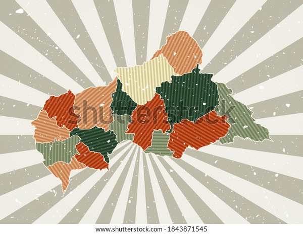 CAR vintage map. Grunge poster with map of\
the country in retro color palette. Shape of CAR with sunburst rays\
background. Vector\
illustration.