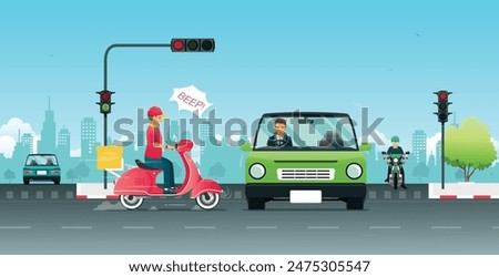 A car violates a traffic light causing an accident with a motorcycle.