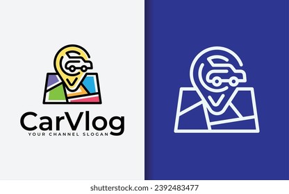 Design des Vlog Logos von Autos. Abstrakte Pin Position und Autosymbol mit minimalistischem Konzept kombiniert mit farbenprächtigem Maps Concept Design.